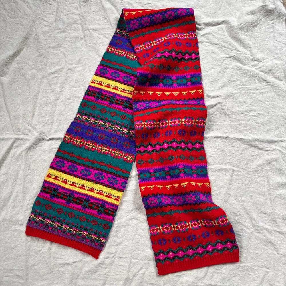 Crewcuts J.Crew Kids Wool Scarf Red Teal Fair Isle Double Sided Knit One Size